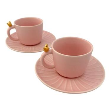Imagem de 2 Xícaras Chá Pires 170ml Wolff Passarinho Cerâmica Colibri, Rosa