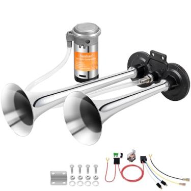Imagem de Kit de buzina de trem aéreo de 150DB para carro, trompete duplo de zinco cromado super alto com compressor para qualquer caminhão de 12 V, trens e barcos Vans (cromado)
