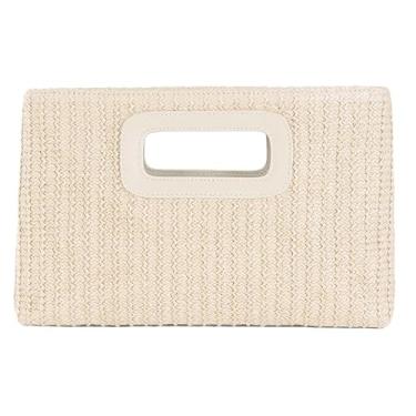 Imagem de Bolsa clutch de palha feminina para viagem de palha na praia, bolsa envelope de vime, alça superior, bolsa transversal para o verão, Bege, Medium