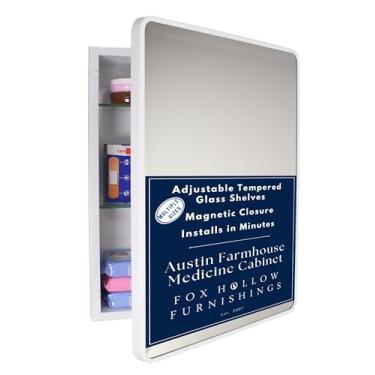 Imagem de Gabinete de remédios para banheiro embutido retangular arredondado Austin Farmhouse 40 x 50 cm, espelho chanfrado, abertura de parede de 35,5 x 45,7 cm, aço revestido a pó, prateleiras de vidro