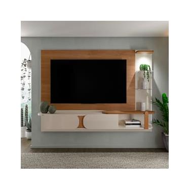 Imagem de Painel Suspenso Artely Toronto com 2 Portas, 2 Prateleiras de Vidro, 200cm de Largura, ideal para TVs de até 72’’ - Cinamomo/Off White