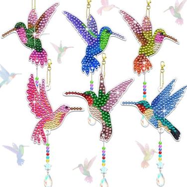 Imagem de JeCuiK 6 kits de arte de diamante para adultos iniciantes DIY beija-flor arte de diamante apanhadores de sol sinos de vento kits de pintura de diamante pequeno artes e artesanato para adultos pintura