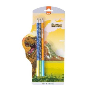 Imagem de Kit Lápis e Borracha BRW HB Raptors Dinossauro , Cinza Azul Laranja