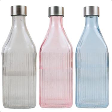 Imagem de Kit 3 Garrafas Quadrada De Vidro Canelado com Tampa 1l Colorida para Geladeira (Preta - Azul - Rosa)