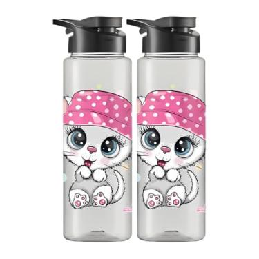 Imagem de Kit 2 Garrafinhas De Agua Squeeze infantil 750ml Esporte Escritório Escola Personalizado Diversos (GATINHO GLITTER)