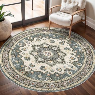 Imagem de TOPRUUG Tapete de área oriental lavável – Tapetes redondos de 1,2 m para sala de estar, tapete macio para quarto, impermeável, floral, envelhecido, resistente a manchas, resistente a manchas (azul