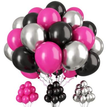 Imagem de Balões Paready rosa choque e preto, 30 unidades de 30 cm com fitas
