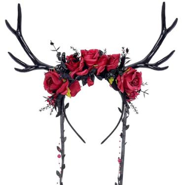 Imagem de MOSTORY Tiara de chifres de veado preto – acessório de cabeça de rena gótica com videiras para fantasia feminina de fada escura, tiara de chifre de flor para acessórios de feira renascentista, cosplay