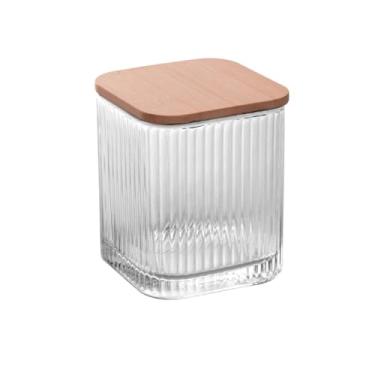 Imagem de Porta Cotonete e Algodão de Vidro com Tampa de Bambu Lines 8cm x 8cm x 9,5cm -Para armazenar cotonetes e varas de algodão