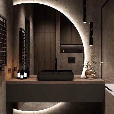 Imagem de Espelho De Parede De Maquiagem Led Meio Círculo 51x35 Espelho De Banheiro Iluminado Sem Neblina Grande Meia Lua Com Luzes Entrada Retroiluminada à Prova De Esti, Right Semicircle, 100 * 70cm