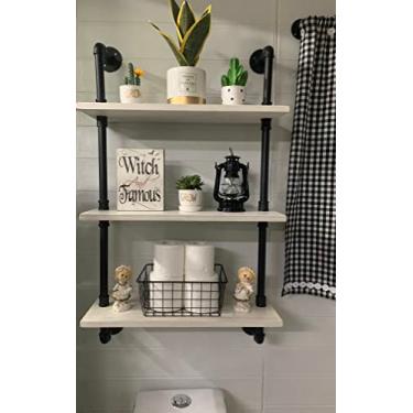 Imagem de HDDFER Prateleiras industriais de tubos brancos rústicos prateleiras de parede de tubo branco prateleiras industriais de banheiro com tábuas de madeira prateleiras flutuantes industriais de 61 cm prateleiras de tubo de banheiro de fazenda montadas na parede