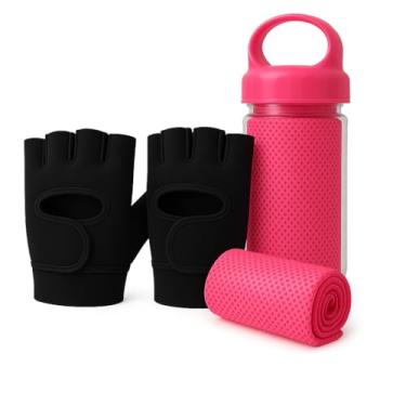 Imagem de Luva Academia Esporte Musculação Ajustável Antiderrapante para Exercícios e Toalha Fitness Esportiva Refrescante, Kit Academia, Musculação, Crossfit, Bike e Treino Funcional (Preto/Rosa)