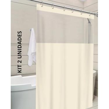 Imagem de Cortina de Box Com Visor Transparente Em PVC Impermeável Para Banheiro Anti Mofo Com Ganchos (KIT 2 BEGE)