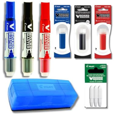 Imagem de Kit 3 Marcadores Quadro Branco Recarregável + Refil + Apagador + Refil de Ponta PILOT Azul, Preto e Vermelho