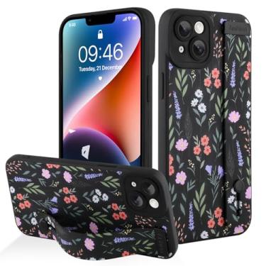 Imagem de AIGOMARA Capa para iPhone 14 com alça para mulheres e meninas, linda estampa de flores florais, capa protetora de silicone com suporte de faixa macia, preta