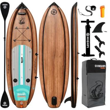 Imagem de Highpi Prancha de stand up paddle inflável 10'10"/38'' sup premium extra larga para pesca com acessórios e mochila, 2 suportes para vara de peixe, deck antiderrapante, trela, remo de caiaque