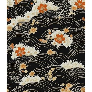 Imagem de Papel de parede vintage Wave Peel and Stick, papel de contato floral preto laranja 44,5 cm x 299,7 cm, murais de papel de parede boho escuro autoadesivos à prova d'água removíveis para prateleiras de