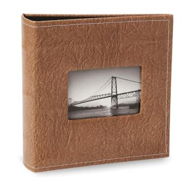 Imagem de Álbum de fotos Ical, encadernação fichário, para 200 fotos 10x15cm - envelope plástico preto - linha Prestige - capa com janela - modelo marrom com costuras e janela - 481
