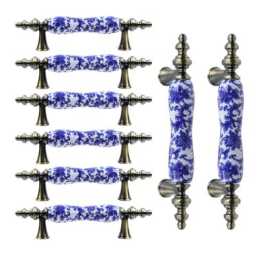 Imagem de MY MIRONEY Puxadores de armário de cerâmica com orifício central de 7,6 cm, 8 peças, com parafusos, padrão de porcelana azul e branco, alças de cerâmica de núcleo de liga de zinco, universais para