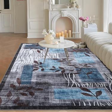 Imagem de GlowSol Tapete lavável 12 x 18 cm para sala de estar, tapete floral moderno para quarto e sala de jantar, tapete neutro antiderrapante com suporte de borracha, tapete macio para quarto de bebê, azul