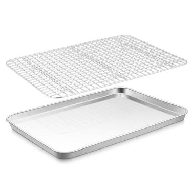 Imagem de E-far Assadeira de aço inoxidável com conjunto de gradinha de arame, assadeira de 40,6 cm x 30,5 cm para forno, bandeja de metal grande com borda com grade de resfriamento para cozinhar, assar, não
