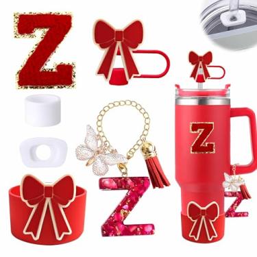 Imagem de Conjunto de 6 peças de acessórios para copo vermelho Stanley Cup 850 g 1,134 g copo com alça, incluindo tampa de cobertura de palha de silicone e bota de laço, tampa à prova de derramamento, pingente