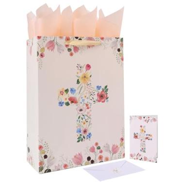 Imagem de Conjunto de sacola de presente floral extra grande de 42 cm com alças, cartão comemorativo, papel de seda e adesivos para mulheres e meninas, para primeira comunhão, batizados de meninas, batizados