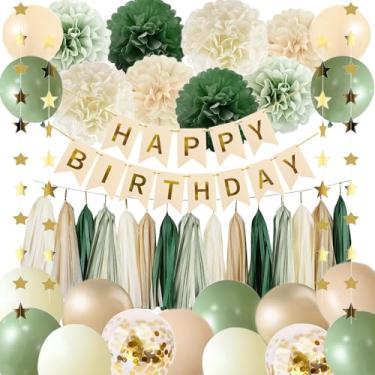 Imagem de Sage Green Happy Birthday Party Decorations Retro Green Nude Ivory Dark Olive Kraft Paper Banner Balloons