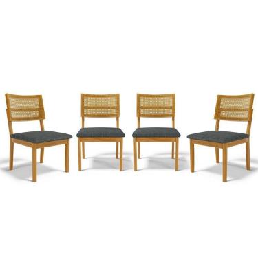 Imagem de Kit Com 4 Cadeiras Aline Madeira Maciça Assentos Estofados Encostos De Tela Palha Sextavada Linho Chumbo 406