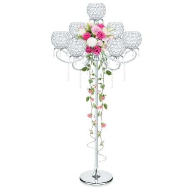 Imagem de Castiçal de cristal de metal de 127 cm com pingentes - Peça central de piso / mesa de várias alturas para decoração de casa, eventos de casamento e festa - Design elegante de tigela de cristal (prata