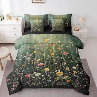 Imagem de Erosebridal Jogo de cama solteiro com flores silvestres vintage, 7 peças, para mulheres, meninas, crianças, moderno, casa de fazenda, floral, conjunto de lençol com pintura a óleo botânica, jardim