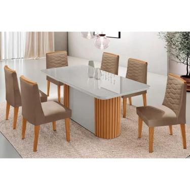 Imagem de Conjunto Sala de Jantar Pilar c/ Tampo Madeirado c/ Vidro Canto Curvo 180x90cm e 6 Cadeiras Maldivas Madeira Maciça Naturale/Off White - Capuccino/Sue
