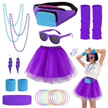 Imagem de wocharm Acessórios de fantasia dos anos 80 para mulheres, pochete dos anos 80, saia tutu feminina neon polainas faixa de cabeça colar para festa temática retrô cosplay (roxo)