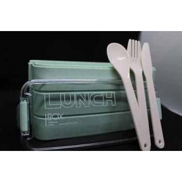 Imagem de Pote Marmita/Lancheira Japonesa com 3 Compartimentos e Talheres 900ml (Verde)