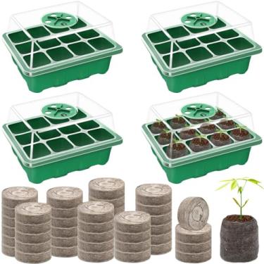Imagem de Halatool Kit de bandeja para iniciantes de sementes - 10 pacotes de kit de mudas (12 células por bandeja) bandejas de sementes com cúpula ajustável para umidade, mini bandejas de germinação de estufa com 100 etiquetas de plantas para partida de sementes (verde)