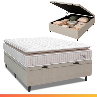 Imagem de Cama Box Baú Colchão Casal Molas Ensacadas City Pillow Top 138x64cm Branco/Bege Hellen