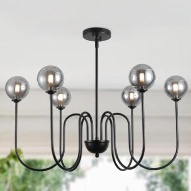 Imagem de MPDITO Lustre preto de 6 luzes de vidro moderno lustre de casa de fazenda 74,5 cm Lustres ajustáveis em altura para sala de jantar, sala de estar, ilha de cozinha, entrada, quarto, G9