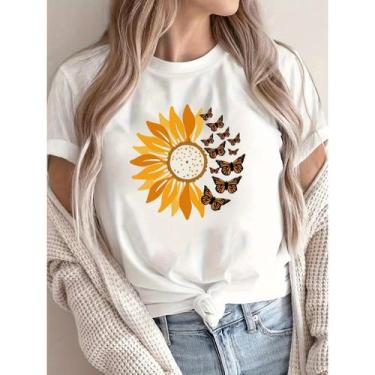 Imagem de Camiseta Feminina T-shirt Floral Girassol Borboleta 100% Algodão Premi