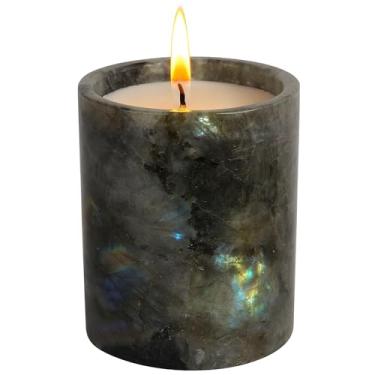 Imagem de Castiçal perfumado de mármore luxuoso: vela de aromaterapia de pedra semipreciosa de baga de zimbro, cera de planta sem fumaça, queima de 40 horas, decoração de casa feita à mão, jade azul do Sri