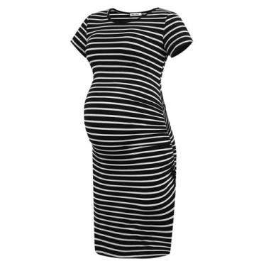 Imagem de Vestido de maternidade Smallshow de manga curta franzido com listras p