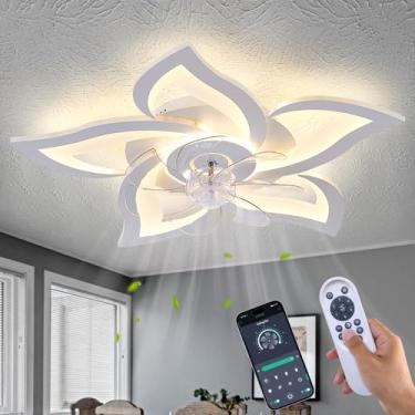 Imagem de Ruibutrade Ventiladores de teto modernos de flor branca com luzes, ventilador de teto de perfil baixo com controle remoto para quarto, ventilador de teto embutido com luz regulável de LED, 3 cores, 6