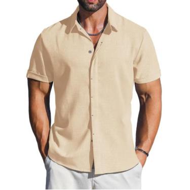 Imagem de Camisa masculina casual LETSEE de linho com botões e manga curta