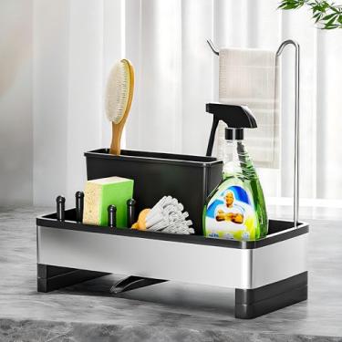 Imagem de Ewaiira Organizador de pia de aço inoxidável, suporte de esponja para pia de cozinha com suporte de escova e suporte de pano de louça, bancada organizadora de pia à prova de ferrugem, itens essenciais