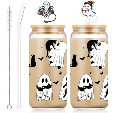 Imagem de 2 xícaras de Halloween – 510 g xícaras de café gelado assustadoras fofas com tampa, canudo e capas de palha, presentes perfeitos de outono e Halloween para amantes de gatos, ela, ele, adolescentes