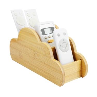 Imagem de RETON Suporte de controle remoto de bambu com 4 compartimentos, organizador de caneta em formato de nuvem fofo, suporte para controle remoto de TV, adequado para controle de mídia, pincel de maquiagem