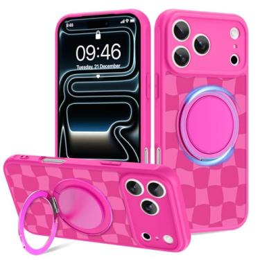 Imagem de Fiyart Capa projetada para iPhone 17 Pro Max 2025 suporte de anel quadriculado com suporte magnético compatível com proteção de lente de câmera MagSafe para mulheres e homens tabuleiro de xadrez 17,5