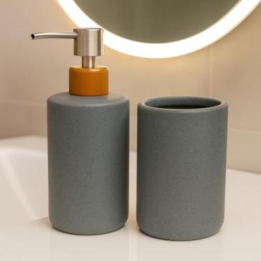 Imagem de Kit de Banheiro 2 Peças para Lavabo Banheiro Porta Sabonete liquido Dispenser Porta Escova de Dente Conjunto de Cerâmica para Pia Decoração Moderno Estilo Madeira (SNOW CINZA)