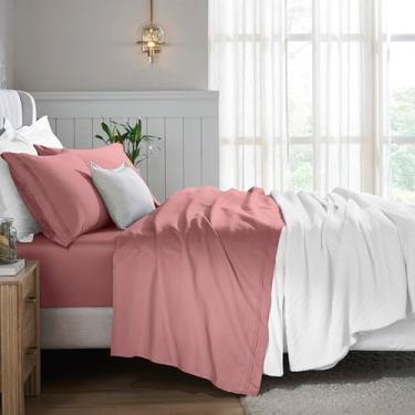 Imagem de Superior Jogo de lençol de 5 peças de algodão egípcio, 650 fios, design moderno, lençóis sustentáveis, básicos ultramacios, liso, lençol com elástico alto, lençol de cima, fronhas, tamanho king, blush