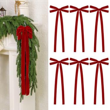 Imagem de 6 peças de laços de fita de veludo - 20 x 50 cm laço de árvore de Natal extra grande com cauda longa para árvore de Natal, guirlanda, guirlanda, lareira, escada, porta, janela, armário, decoração de