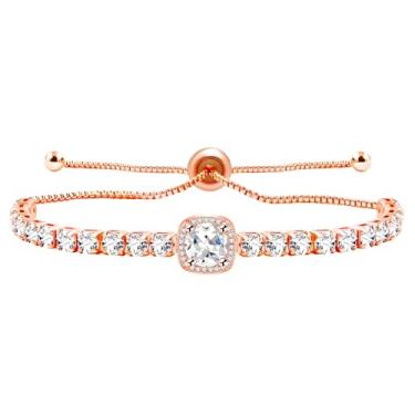 Imagem de Tobestu Pulseira de tênis de zircônia quadrada ajustável com corrente Bolo, joia elegante com pingente de cubo para casamentos, formaturas, casuais e uso diário YA4536, Adjustable, Latão, Zircônia